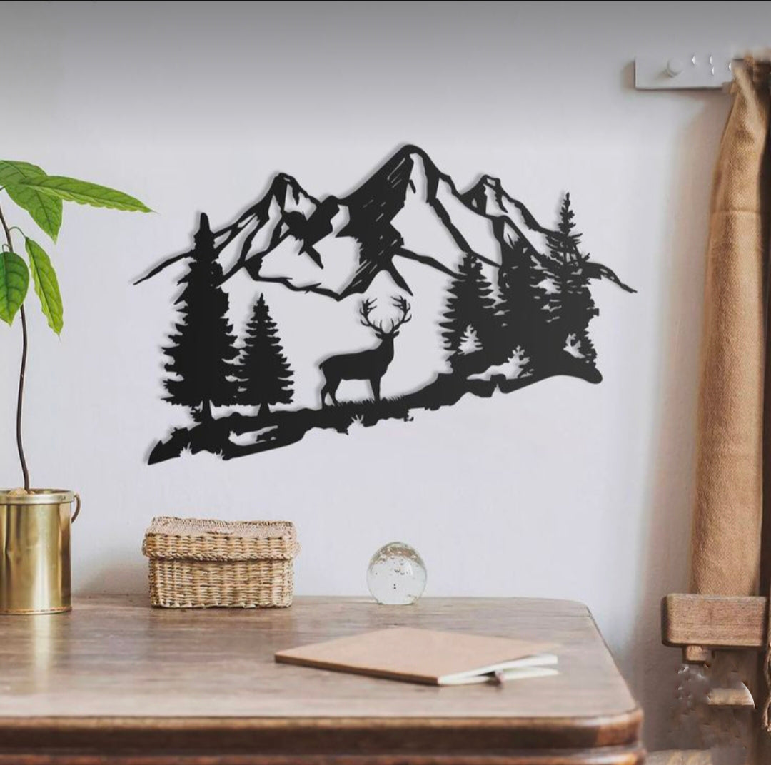 Luxury Black Metal Wall Art – Mountain & Deer